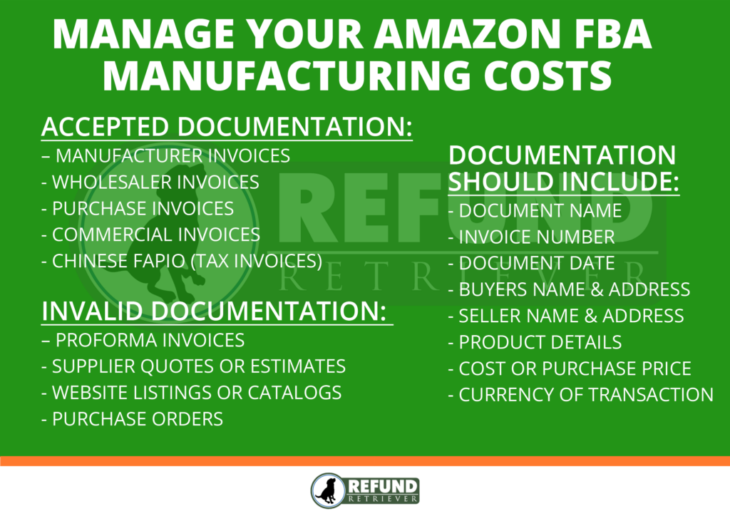 FBA inventory reimbursement policy - manufacturing costs